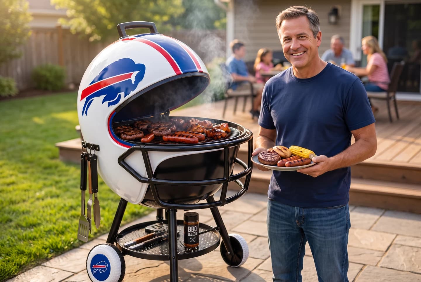 AI illustration of a dad beside a Buffalo Bills helmet grill at a backyard cookout
