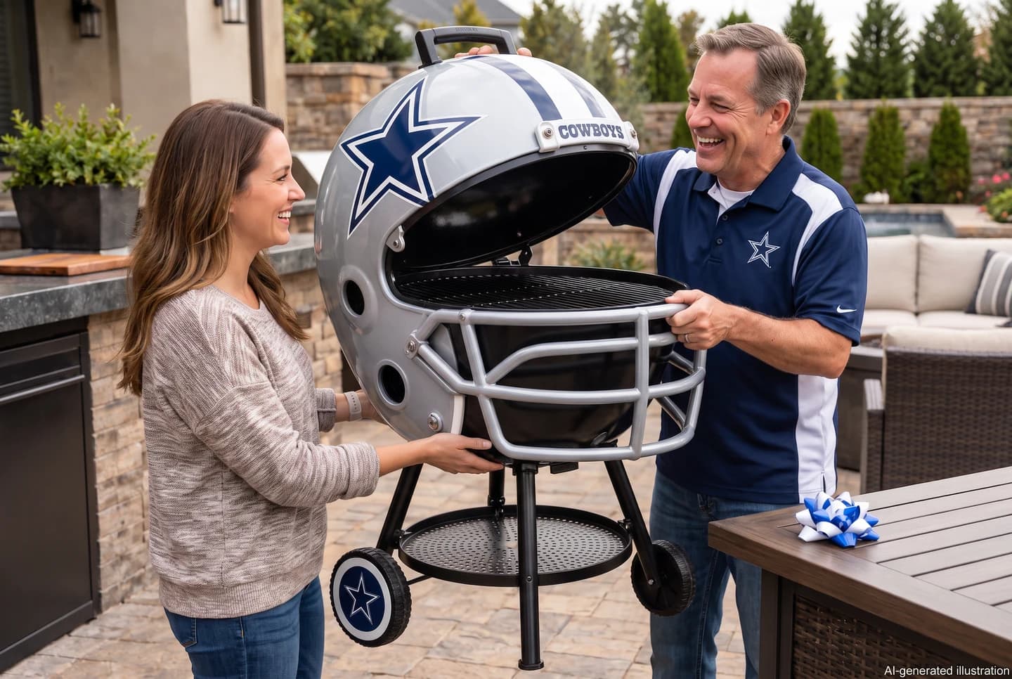 AI illustration of a dad receiving a Dallas Cowboys helmet grill as a gift from his adult daughter
