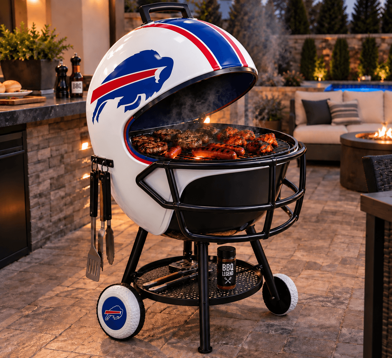 Buffalo Bills helmet-shaped grill pictured on a patio with its lid raised.